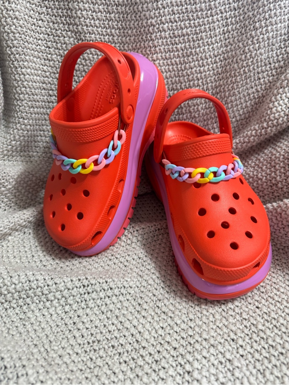 CROCS Women's Bright Red Foam Clogs with Pink Platform and Rainbow Chain